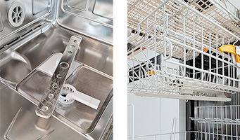 庫内底と中段に洗浄スプレーを設置することでスミズミまで洗い流す｜ミーレ食洗機の特徴