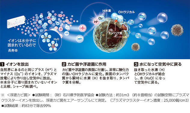 放出されたイオンがカビ菌や浮遊菌に作用し、水になって空気中に戻ります|プラズマクラスターが食洗機内を清潔に保つ理由