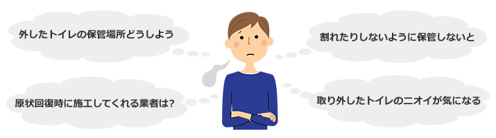 外したトイレの保管場所、割れたりしないよう保管、原状回復で工事できる業者の確保、取り外したトイレのニオイ｜原状回復までに考えられるデメリット